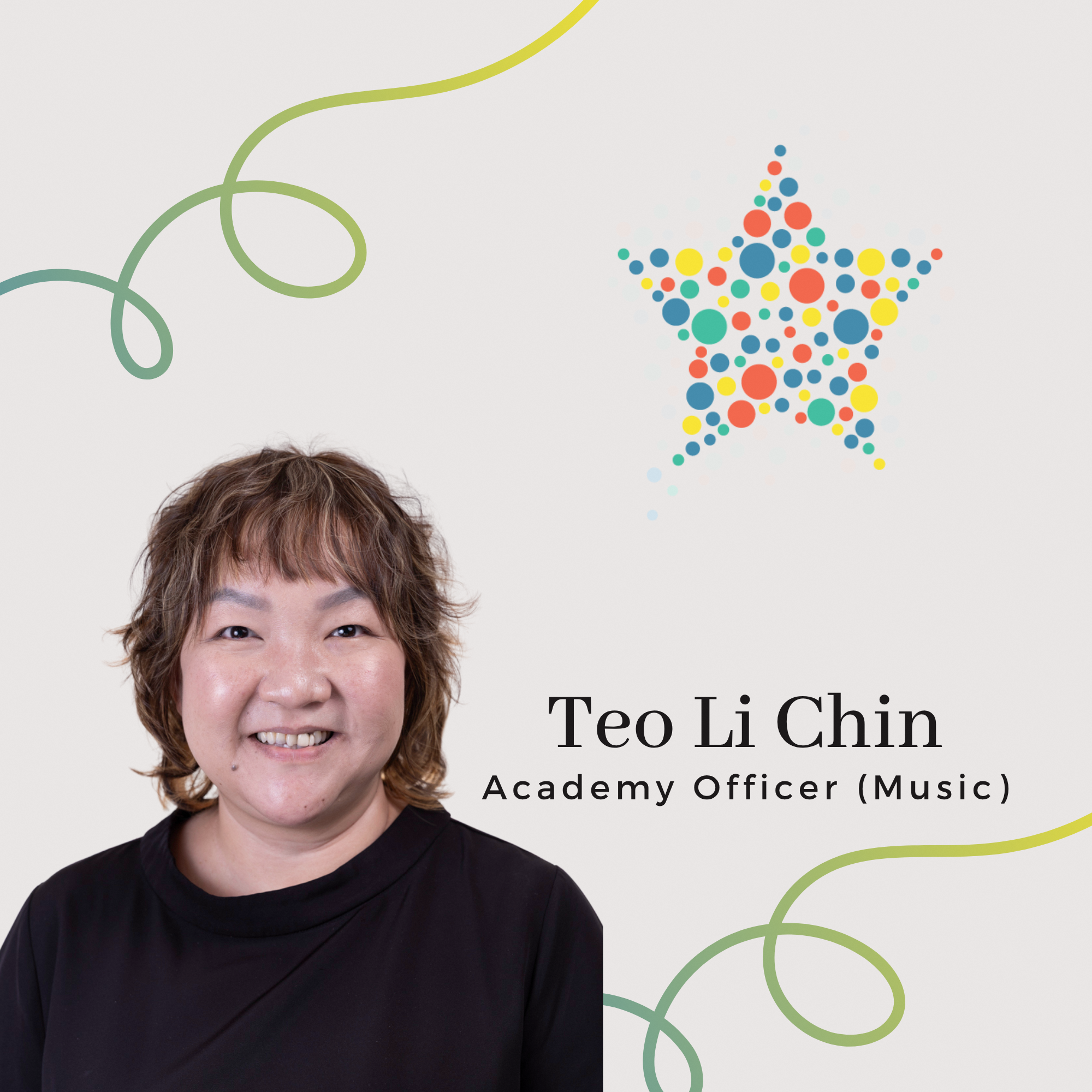 Profile photo of Teo Li Chin, Academy Officer (Music). A portrait of her with short wavy hair, smiling warmly at the camera and wearing a black top.